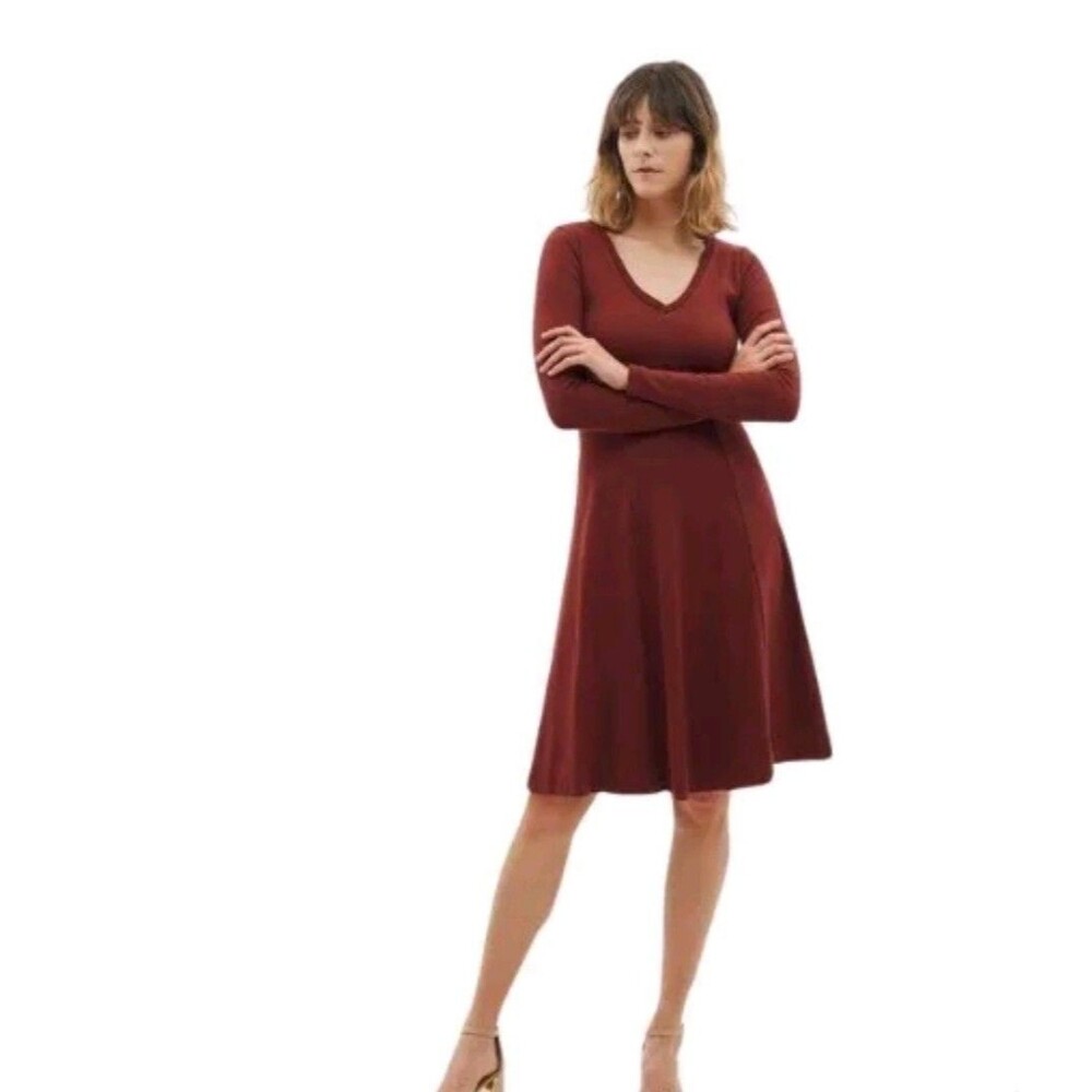KOTN Soft Dress Sz S/P  Long Sleeve Ribbed Rust Brick Red Fall Academia Preppy